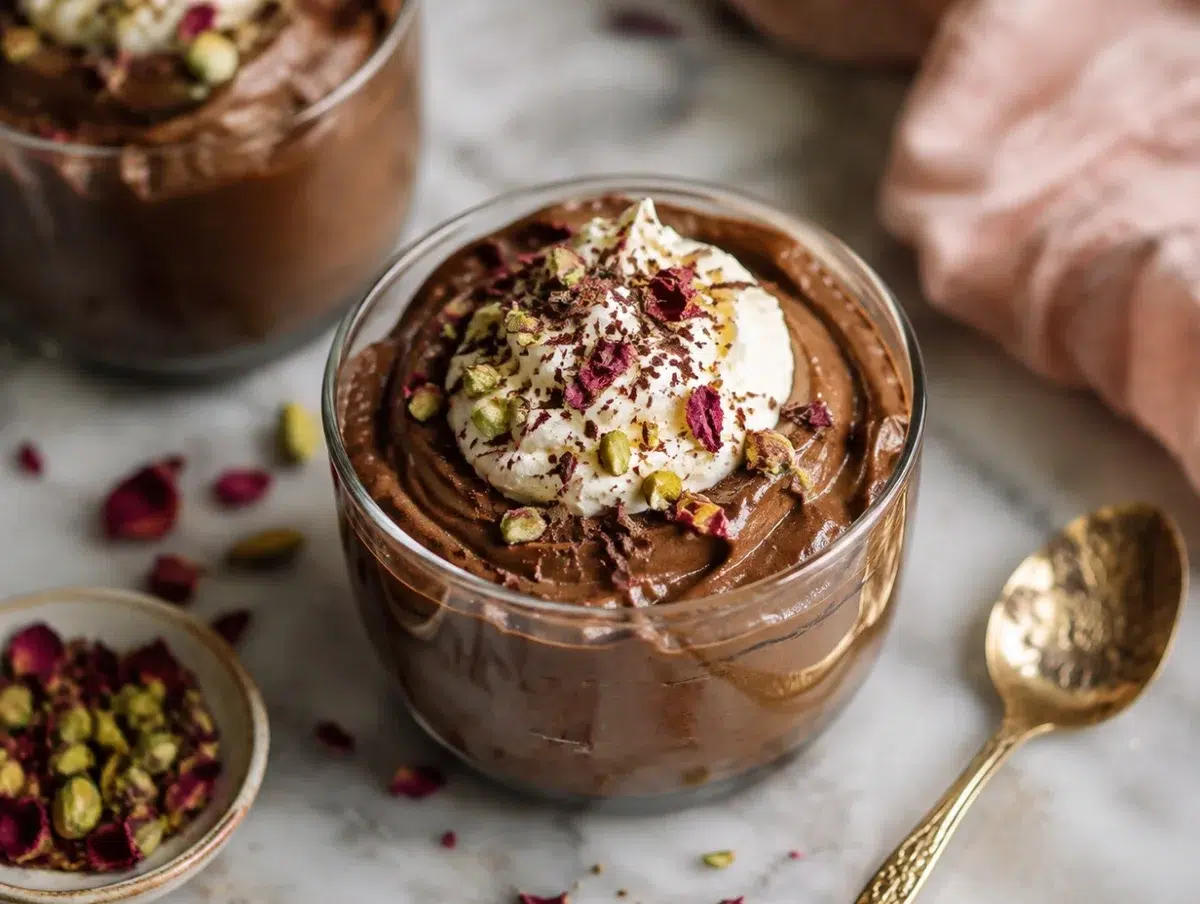 Parisian chocolate mousse in a glass topped with cream, pistachios and dried rose petals
