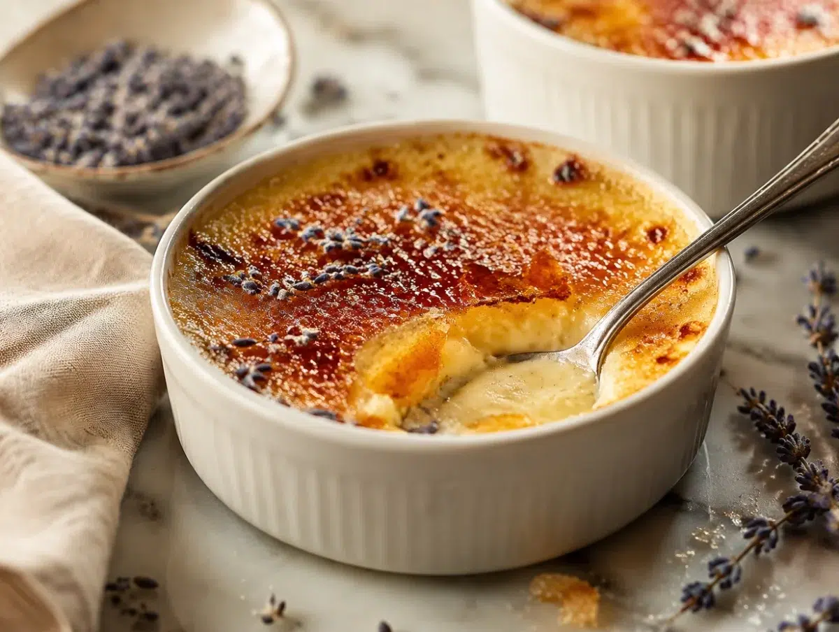 Lavender creme brulee in a white ramekin with cracked caramelized sugar top and dried lavender