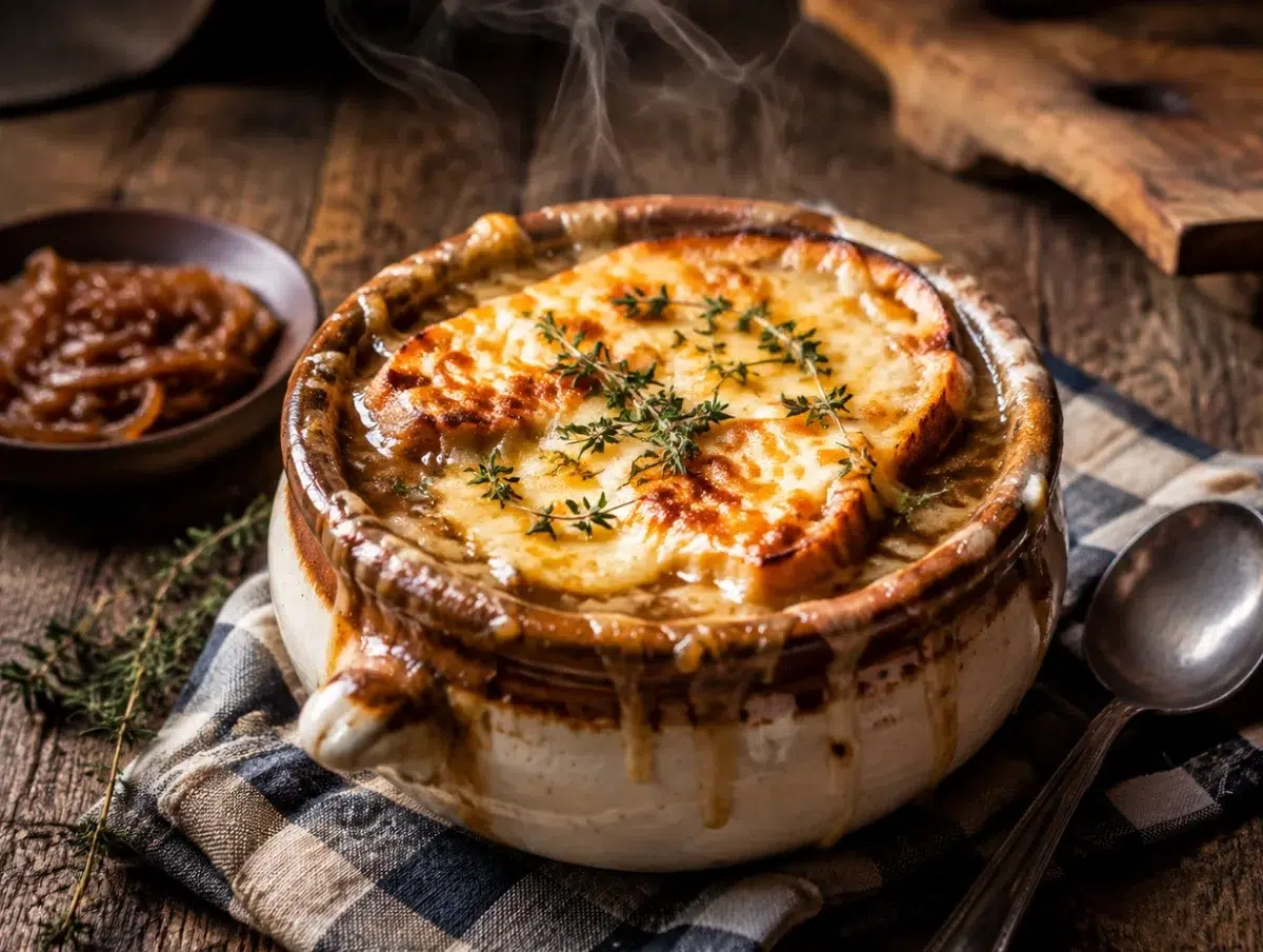 French onion soup gratinee in a crock with bubbling melted gruyere and toasted baguette