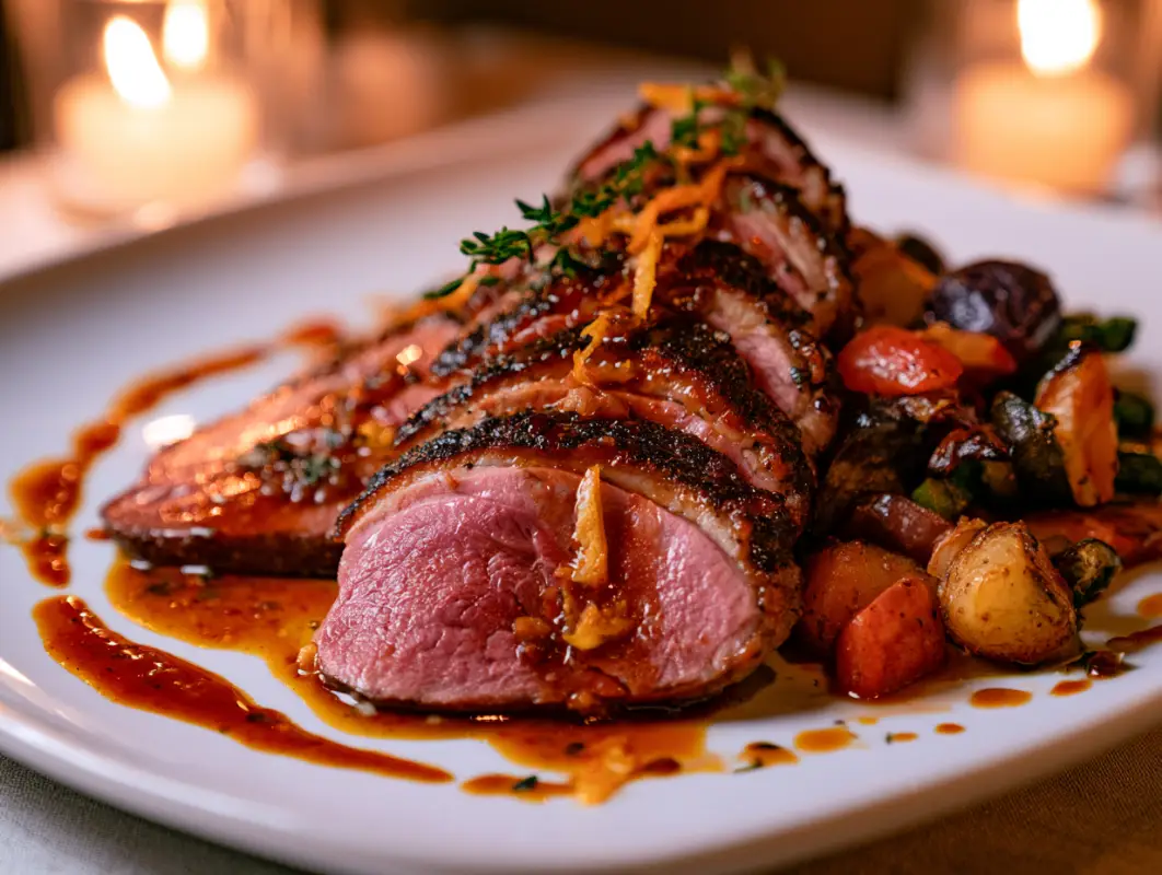 Duck Breast à l'Orange with Blood Orange Glaze 1 Sliced duck breast a l orange with glossy orange sauce, roasted vegetables and thyme on a white plate