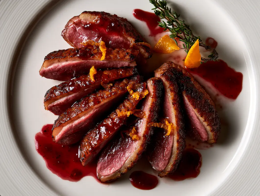 Fanned slices of rosy duck breast a l orange with red wine orange sauce and orange segments