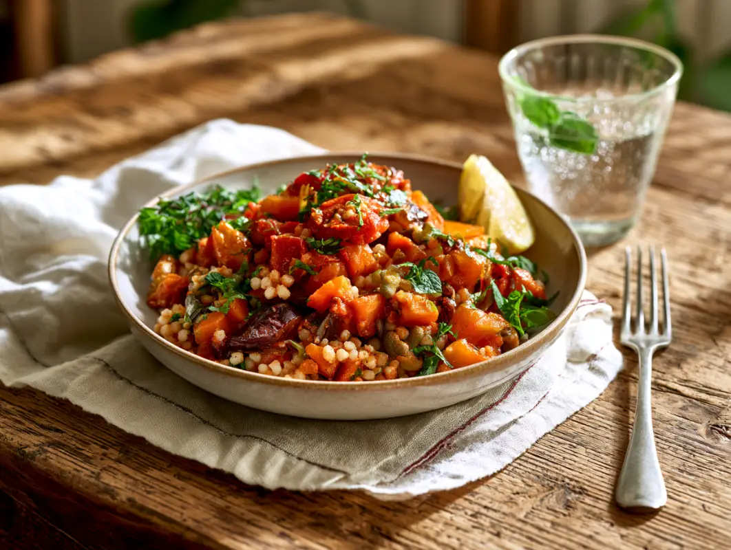 Greek Couscous Bowl with Harissa Vegetables (35 Minutes) 1 Greek couscous bowl with cherry tomatoes, chickpeas, fresh herbs and a lemon wedge
