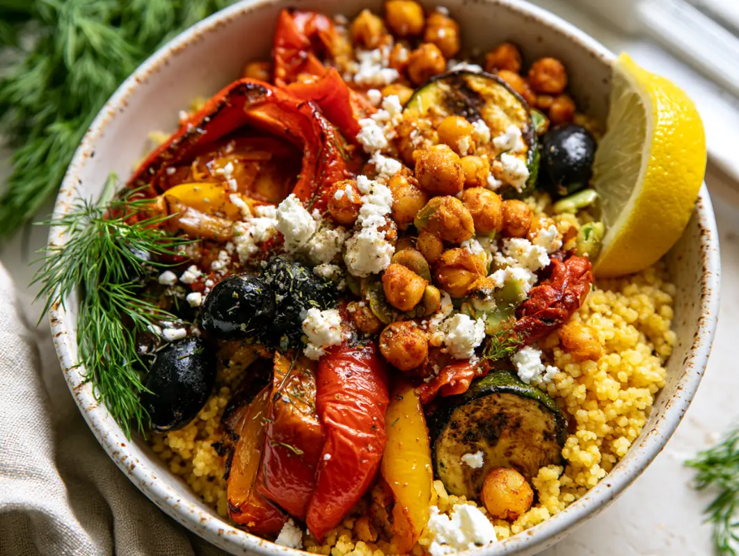 Greek couscous bowl with roasted peppers, chickpeas, olives, feta and lemon