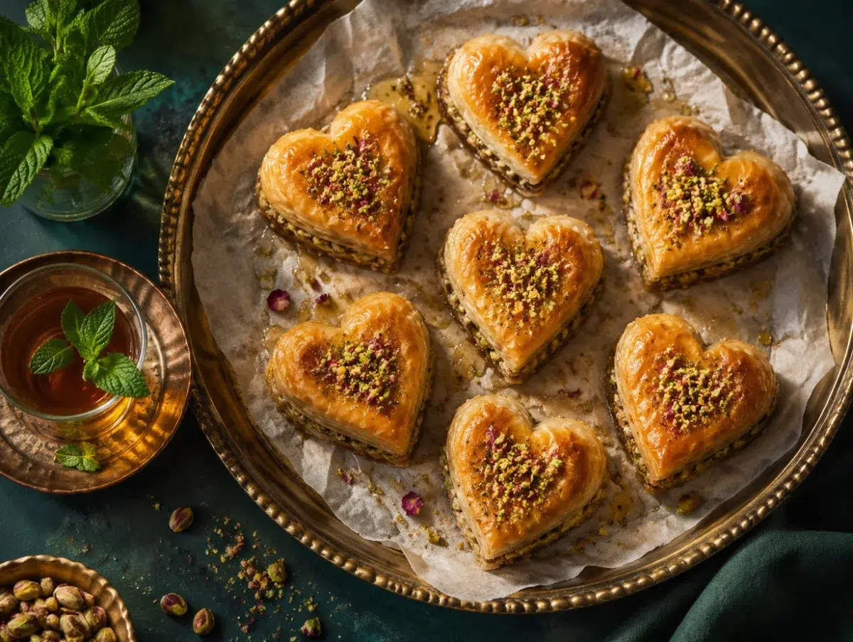 Heart-shaped baklava with golden phyllo layers, honey syrup and chopped pistachios on a brass tray