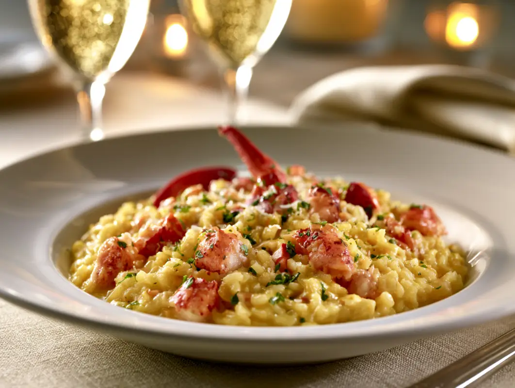 Lobster Risotto with Saffron (60 Minutes, Serves 4) 1 Plate of saffron lobster risotto with lobster tail, served beside two glasses of sparkling wine