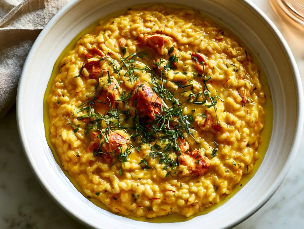 Bowl of golden saffron lobster risotto topped with lobster pieces and fresh thyme