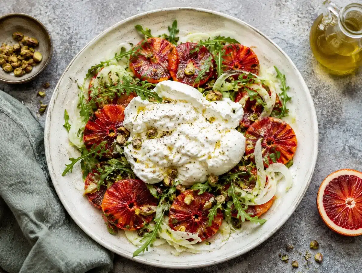 Blood orange burrata salad with fennel, arugula, pistachios and olive oil on a white plate