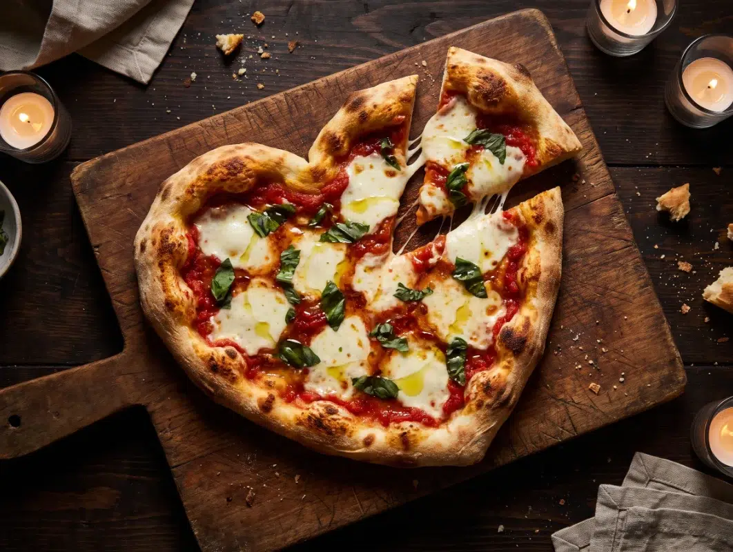 Overhead heart-shaped margherita pizza on a wooden board with mozzarella, basil and candlelight