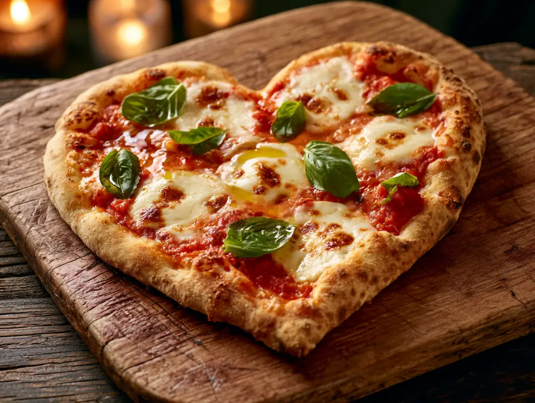 Heart-shaped margherita pizza with mozzarella, tomato sauce and fresh basil on a wooden board