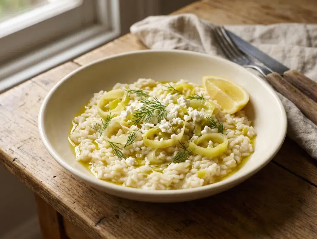 Prasorizo: Greek Leek Rice (55 Minutes, Serves 4) 1 Bowl of Greek prasorizo, creamy leek and rice, topped with fresh dill, crumbled feta and a lemon wedge