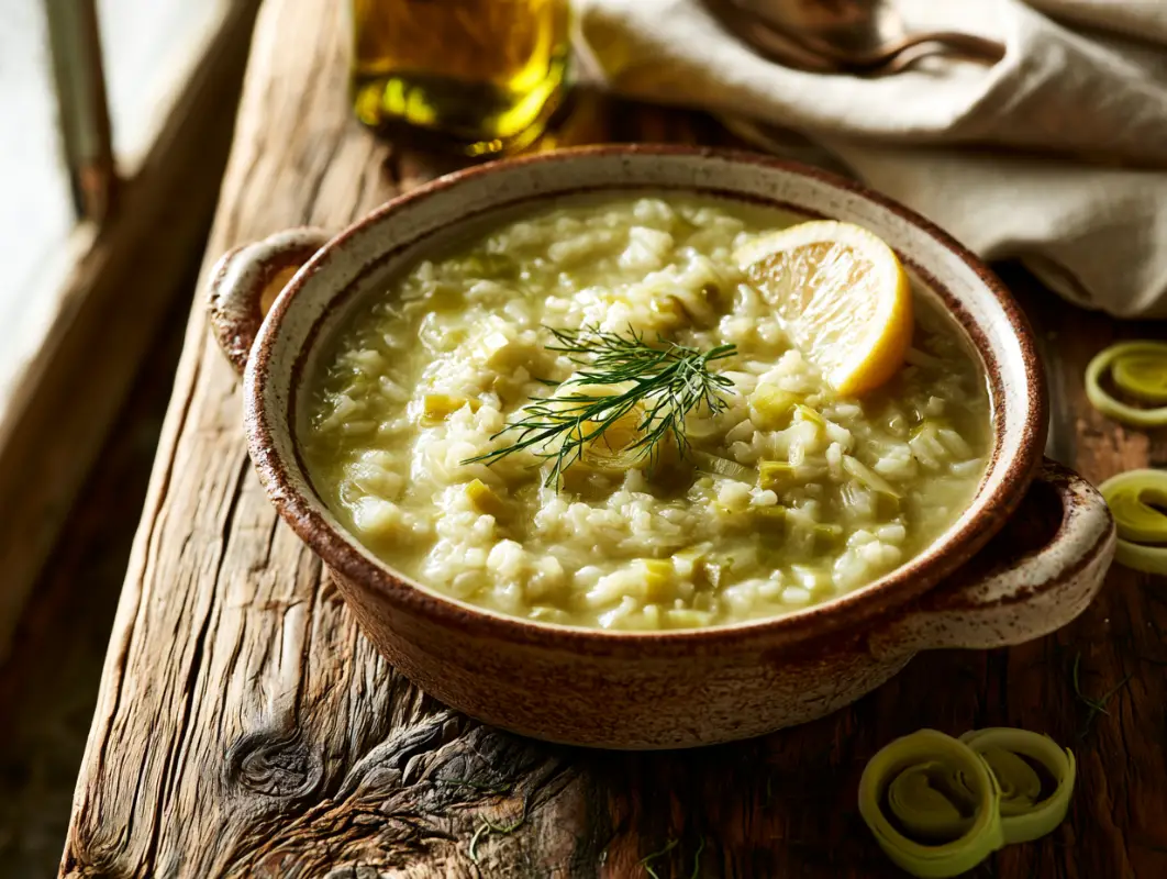 Bowl of Greek prasorizo, creamy leek and rice, topped with fresh dill and a lemon wedge