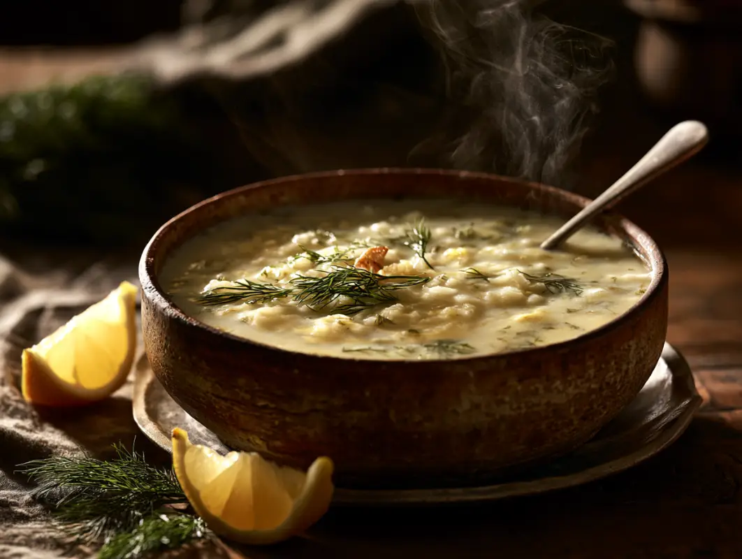 Greek Avgolemono Soup with Rice (45 Minutes) 1 Rustic bowl of Greek avgolemono soup with rice, fresh dill and lemon wedges, steam rising