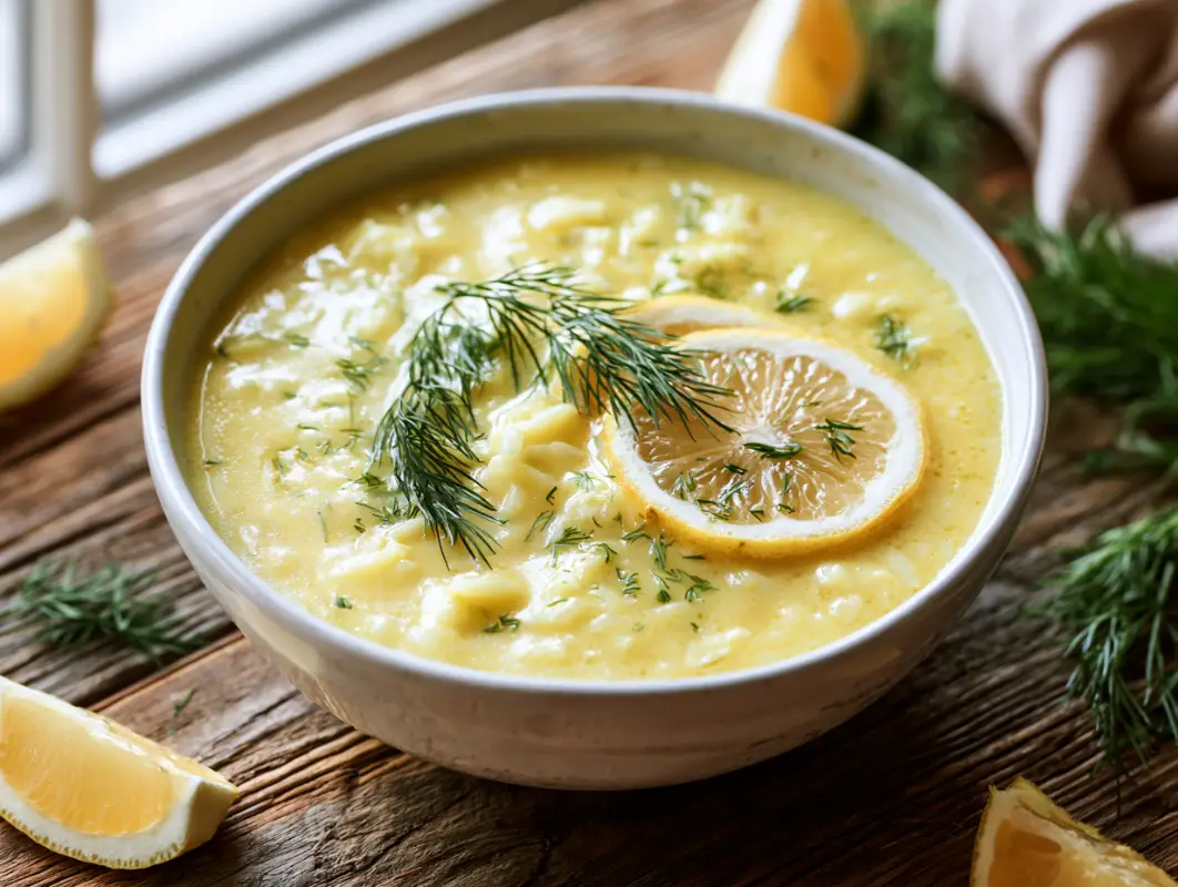 Creamy avgolemono soup with rice in a pale bowl, garnished with a lemon slice and fresh dill