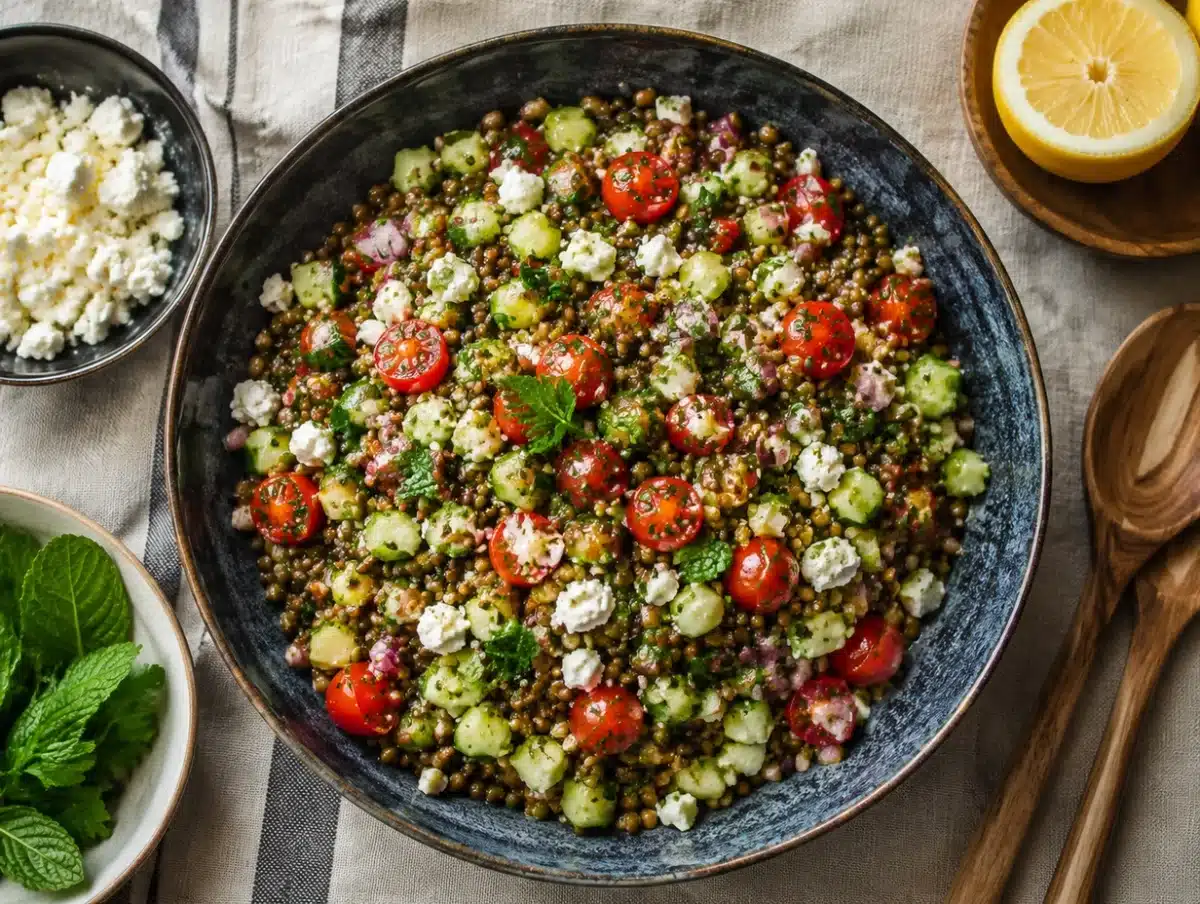Mediterranean lentil salad with cucumber, tomatoes, red onion, herbs and feta in a dark bowl