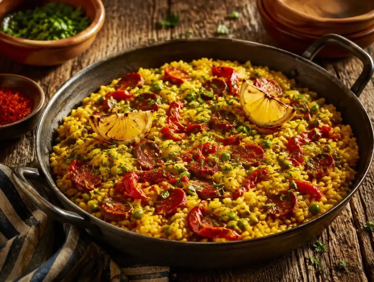 Saffron risotto with beef chorizo, roasted peppers and peas in a wide skillet