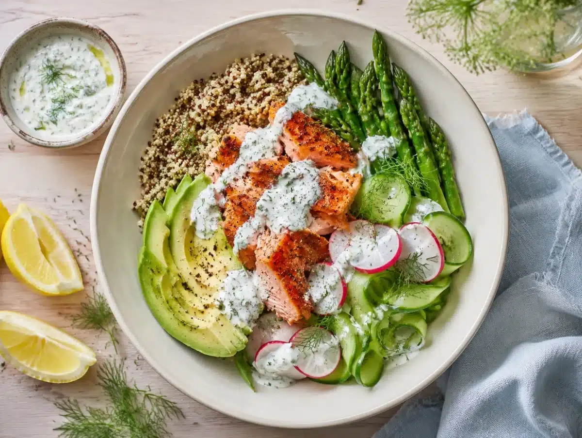 Spring salmon and avocado bowl with quinoa, asparagus, radish and lemon dill yogurt drizzle