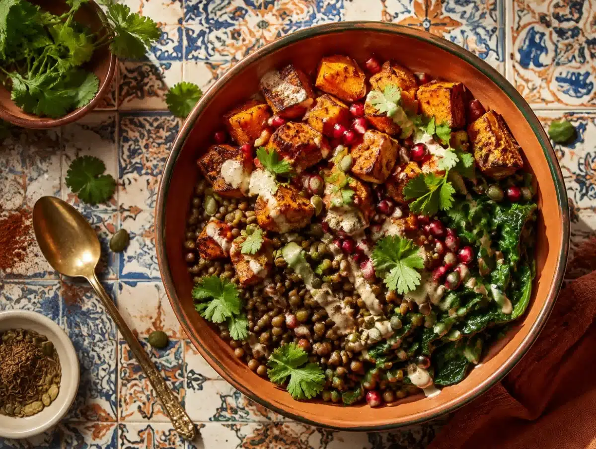 3095 moroccan spiced sweet potato and lentil bowl