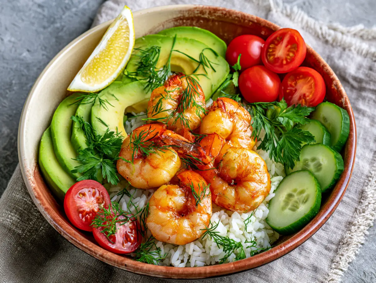Citrus Shrimp Avocado Rice Bowl Mediterranean dish
