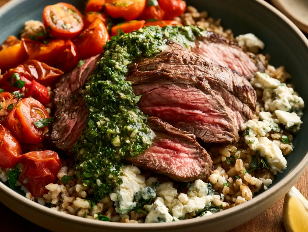 Close-up of sliced chimichurri steak over grains with feta, cherry tomatoes and green herb sauce