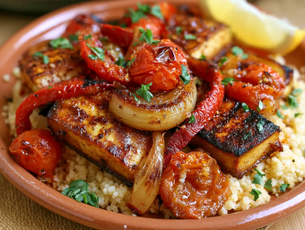 Sheet Pan Mediterranean Tofu with Peppers and Onions 1 Terracotta dish of sheet pan tofu with roasted red peppers, tomatoes and couscous