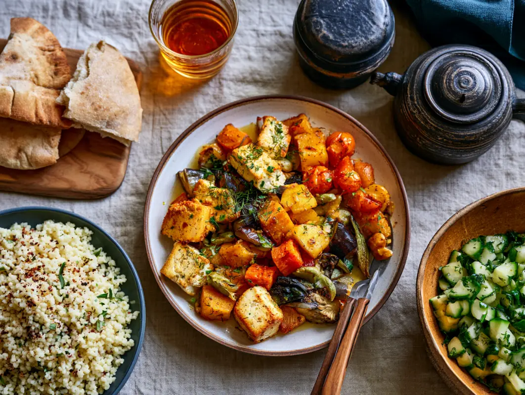 Overhead table with a dish of sheet pan tofu and roasted vegetables, couscous, flatbread and yogurt dip
