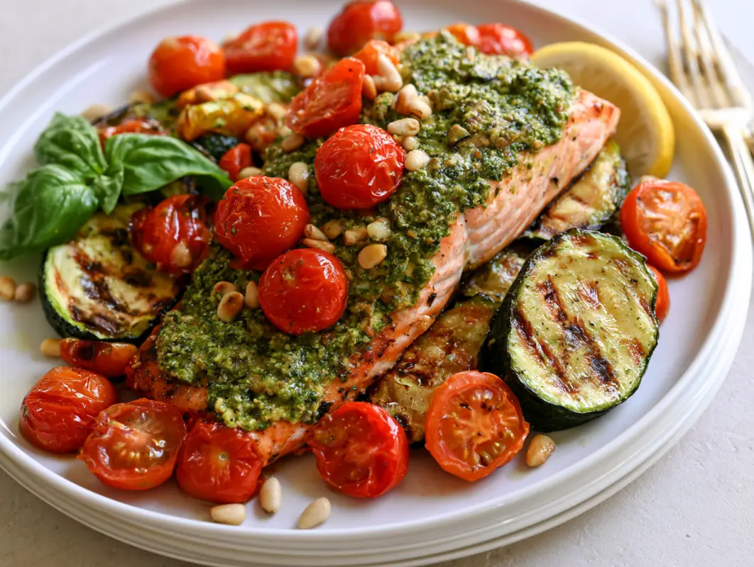 Sheet Pan Pesto Salmon with Zucchini and Tomatoes 1 Pesto salmon fillet topped with basil pesto and pine nuts, served with grilled zucchini and tomatoes