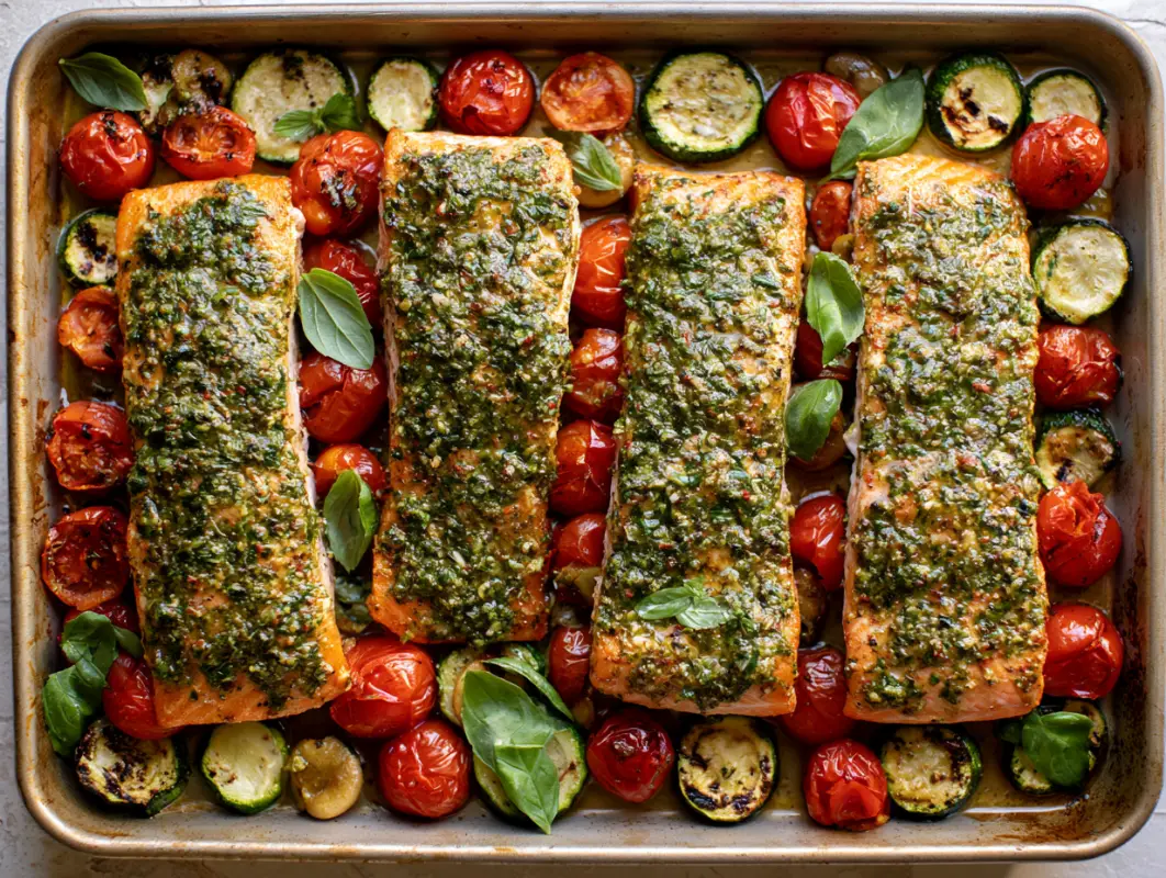 Sheet pan of four pesto topped salmon fillets roasted with zucchini and cherry tomatoes