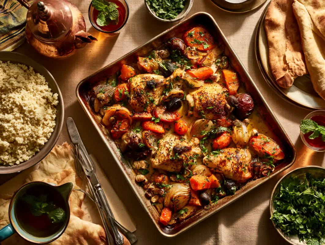 Sheet Pan Moroccan Spiced Chicken with Root Vegetables 1 Overhead tray of Moroccan spiced chicken with roasted vegetables, couscous, flatbread and herbs