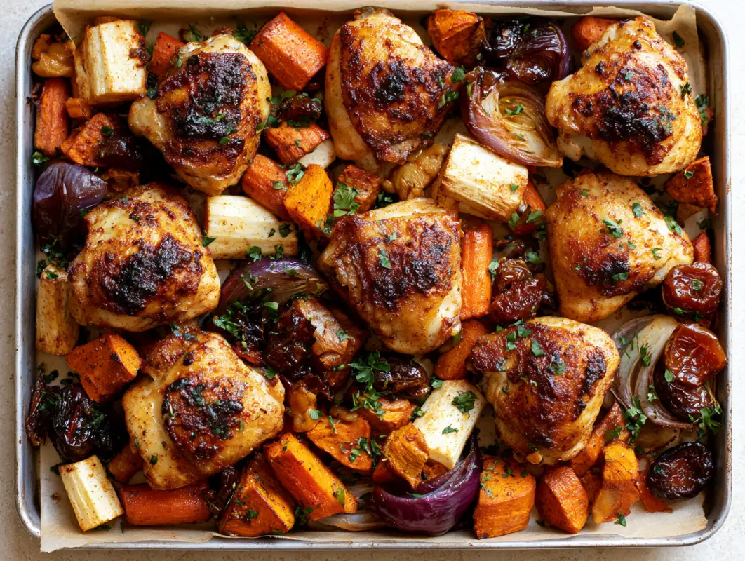 Sheet pan of Moroccan spiced chicken thighs roasted with sweet potato, carrots and red onion
