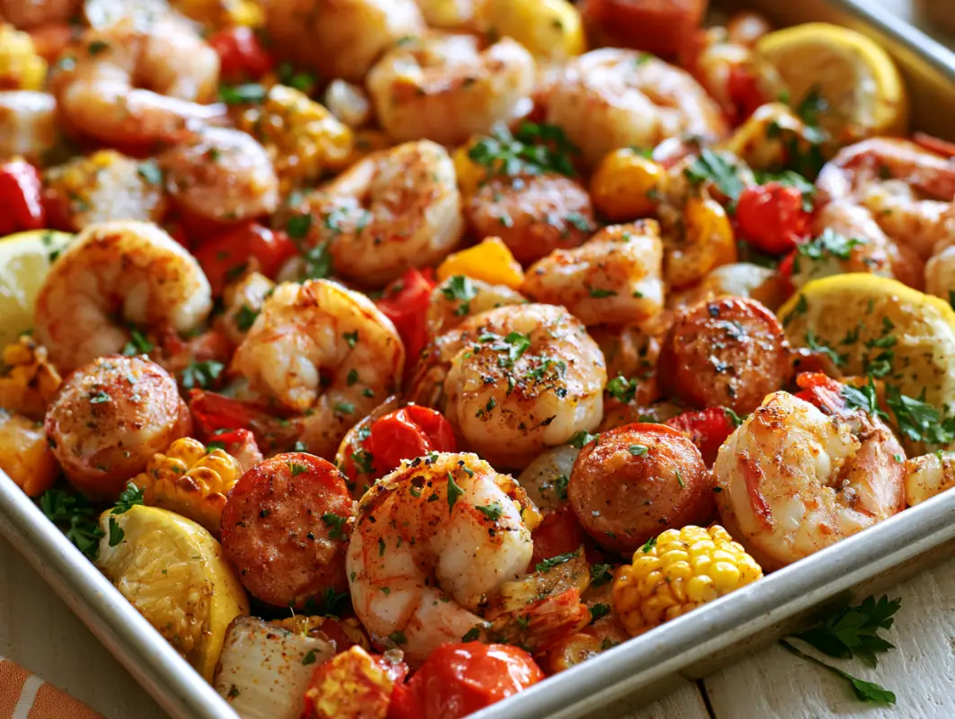 Sheet Pan Cajun-Mediterranean Shrimp Boil (37 Minutes) 1 Sheet pan Cajun Mediterranean shrimp boil with shrimp, corn, sausage, cherry tomatoes and lemon
