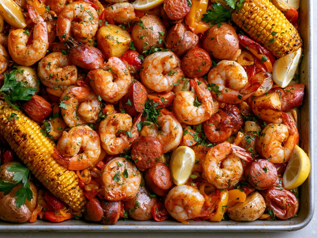 Cajun Mediterranean shrimp boil with shrimp, corn, sausage, cherry tomatoes and lemon wedges