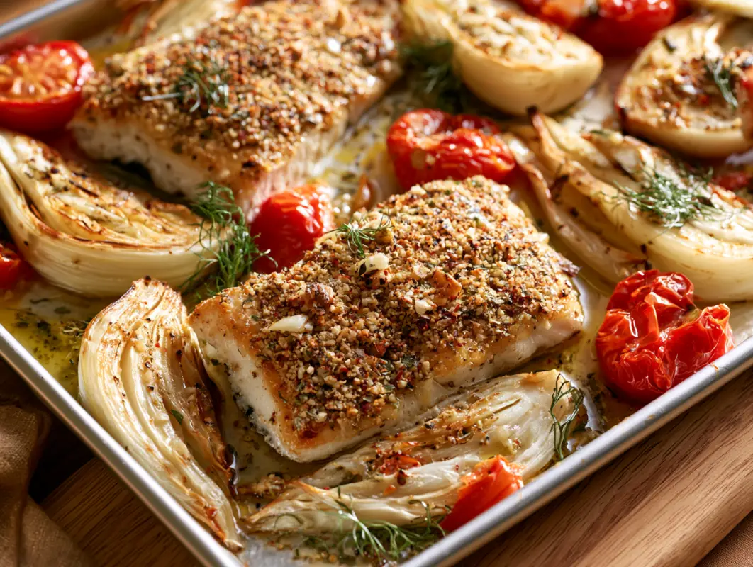 Sheet Pan Dukkah-Crusted Fish with Fennel (38 Minutes) 1 Sheet pan of dukkah crusted fish fillets with roasted fennel wedges and blistered cherry tomatoes