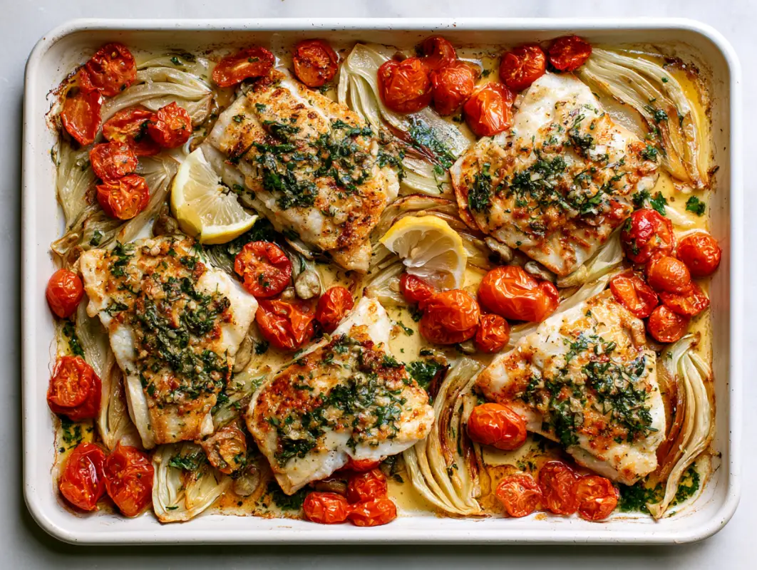 Baking dish of herb and dukkah crusted fish with fennel, cherry tomatoes and lemon slices
