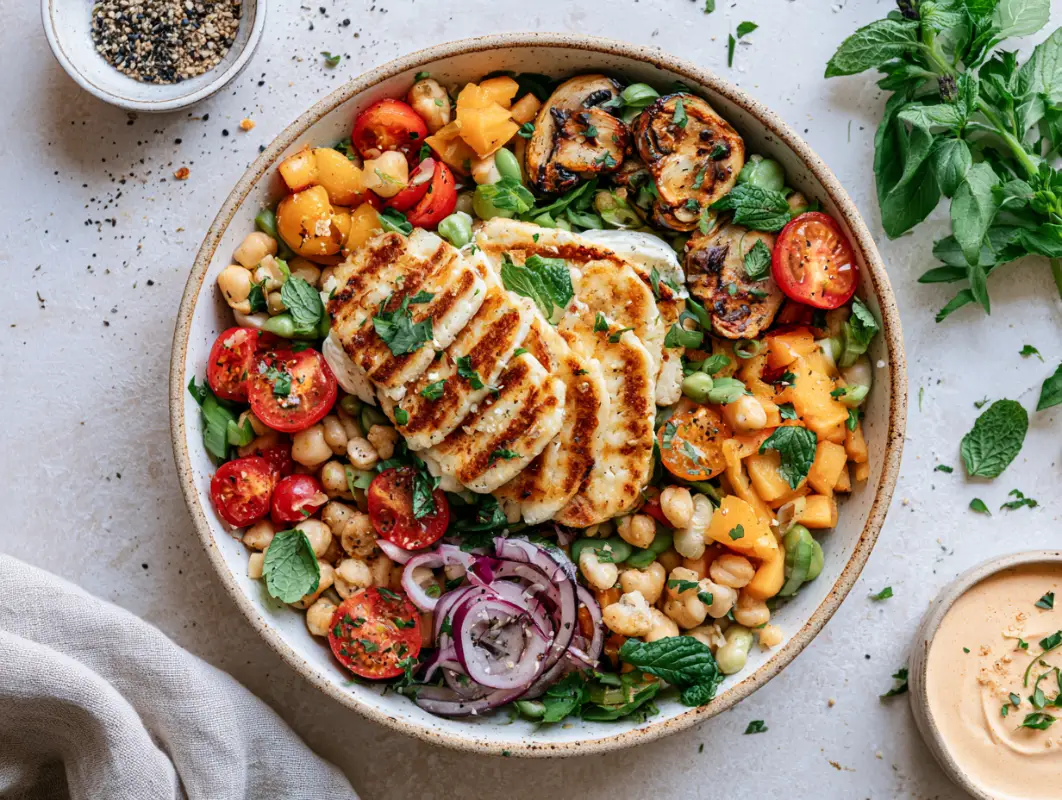 Grilled halloumi bowl with charred halloumi, cherry tomatoes, chickpeas, red onion and basil