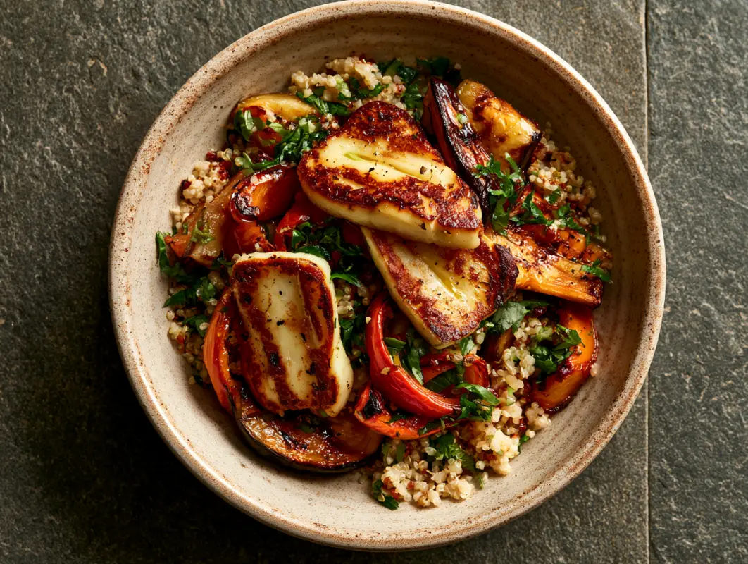 Bowl of grilled halloumi with roasted red peppers, tomatoes and herbed couscous