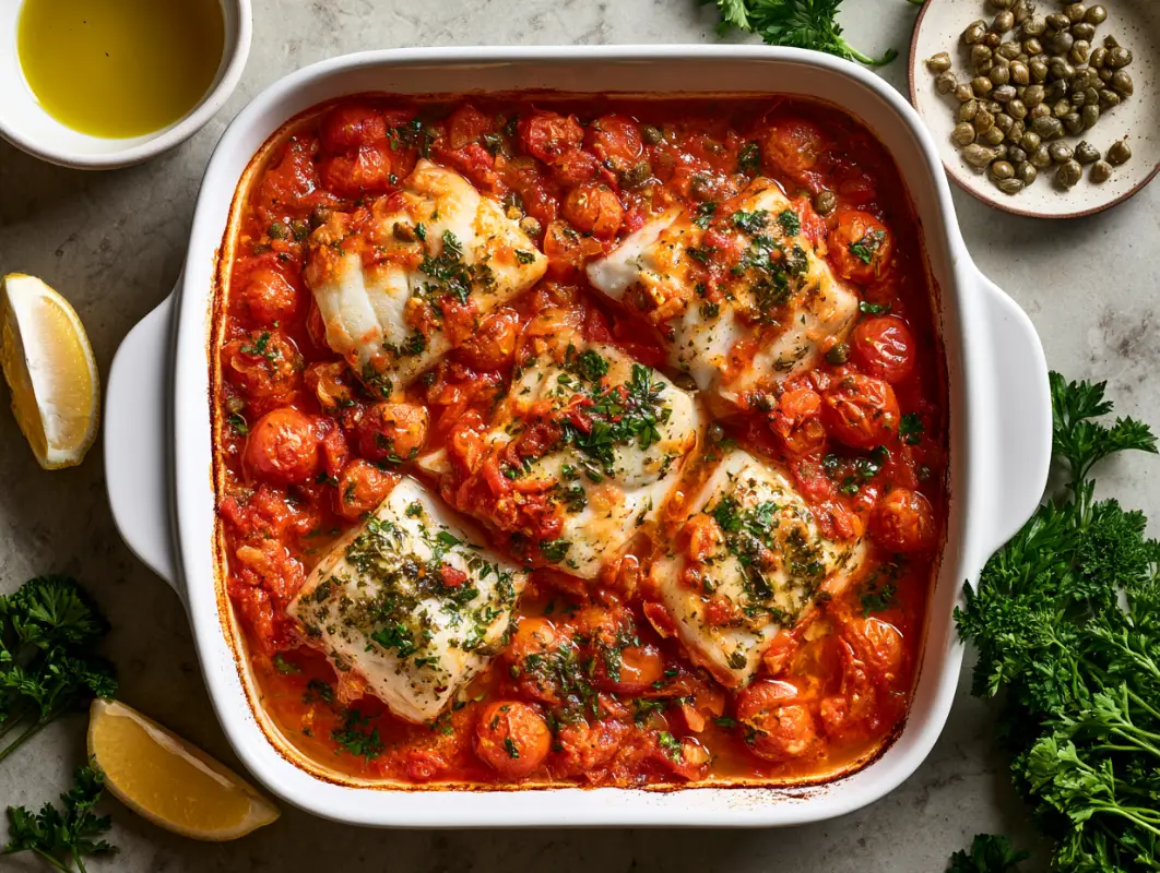 Mediterranean Baked Cod with Tomatoes (27 Minutes) 1 Overhead baking dish of baked cod fillets in tomato sauce with capers and parsley
