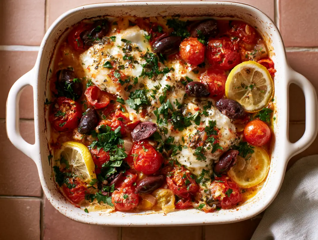 Baking dish of baked cod with cherry tomatoes, kalamata olives and lemon slices