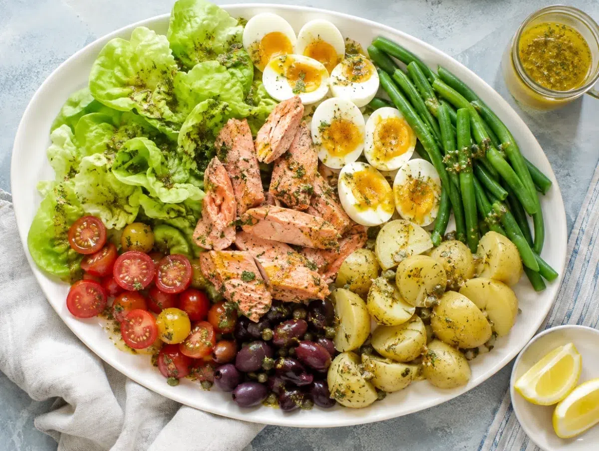 Salmon nicoise salad platter with flaked salmon, jammy eggs, green beans, potatoes and olives