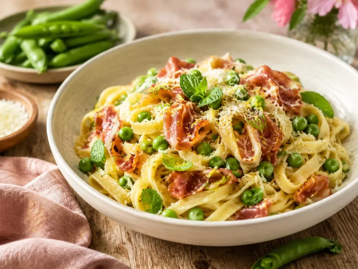 Spring pea pasta with tagliatelle, peas, beef prosciutto ribbons, mint and parmesan