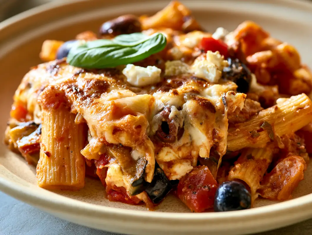 Mediterranean Vegetable Pasta Bake (55 Minutes) 1 Vegetable pasta bake with rigatoni, tomato sauce, olives, melted cheese and fresh basil