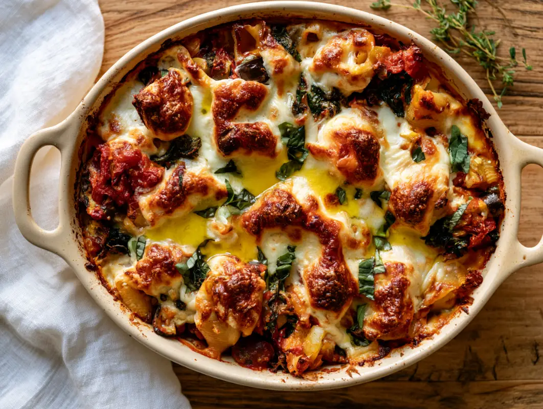 Oval dish of vegetable pasta bake with golden melted cheese, olives and fresh herbs