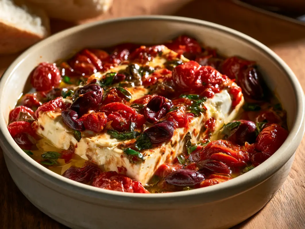 Baked Feta with Burst Tomatoes and Olives (30 Minutes) 1 Baking dish of baked feta with burst cherry tomatoes, olives and olive oil