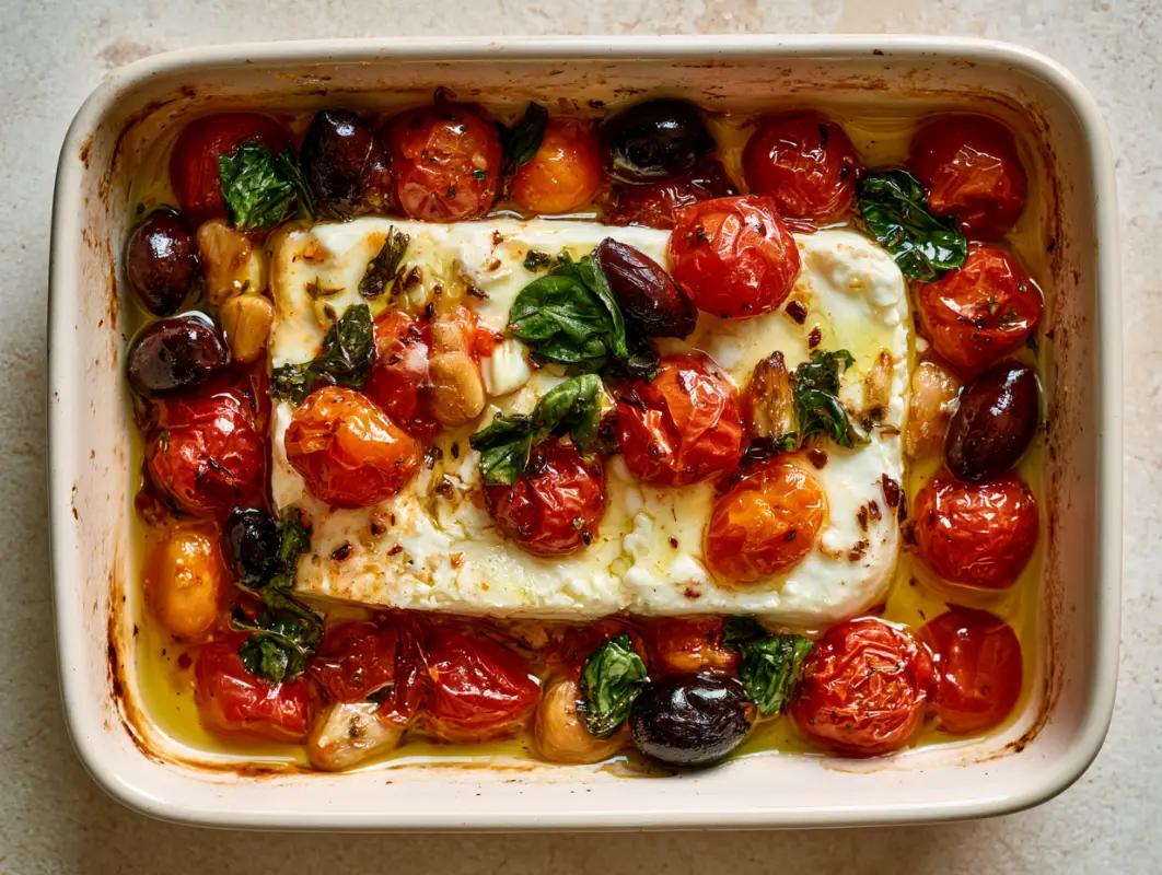 Overhead baking dish of baked feta with burst tomatoes, olives and spinach in olive oil