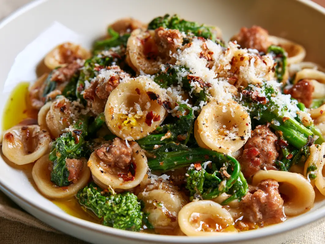 Orecchiette with Broccoli Rabe and Sausage (30 Minutes) 1 Orecchiette with broccoli rabe, crumbled sausage, chilli flakes and grated parmesan