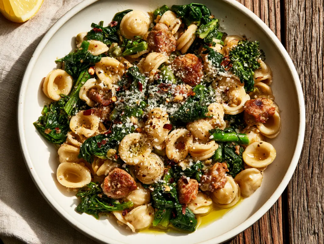 Plate of orecchiette with broccoli rabe and sausage, grated cheese and a lemon wedge