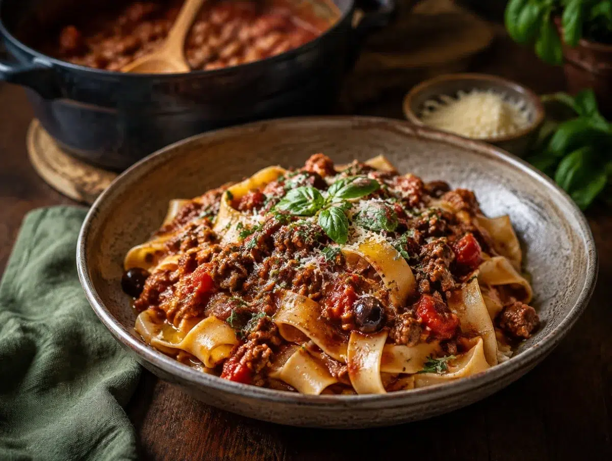 Mediterranean bolognese with beef and tomato sauce over pappardelle, topped with parmesan and basil