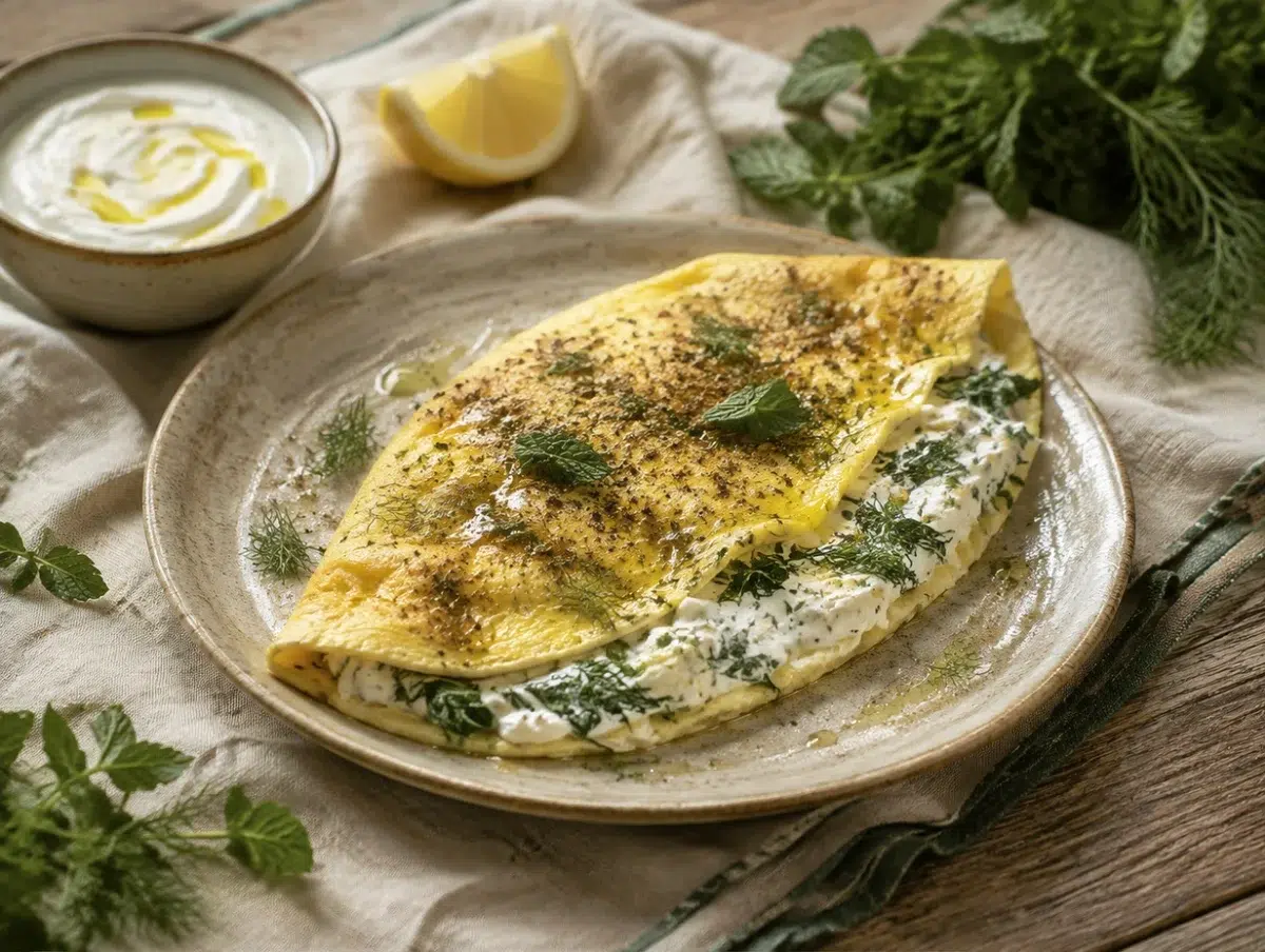 Labneh and herb omelette folded open with creamy labneh, dill, mint and za'atar