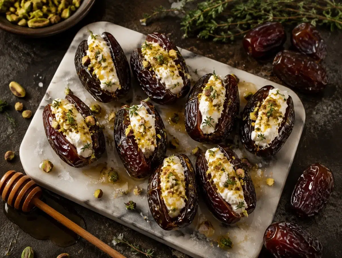 Medjool dates stuffed with whipped goat cheese, crushed pistachios and honey drizzle
