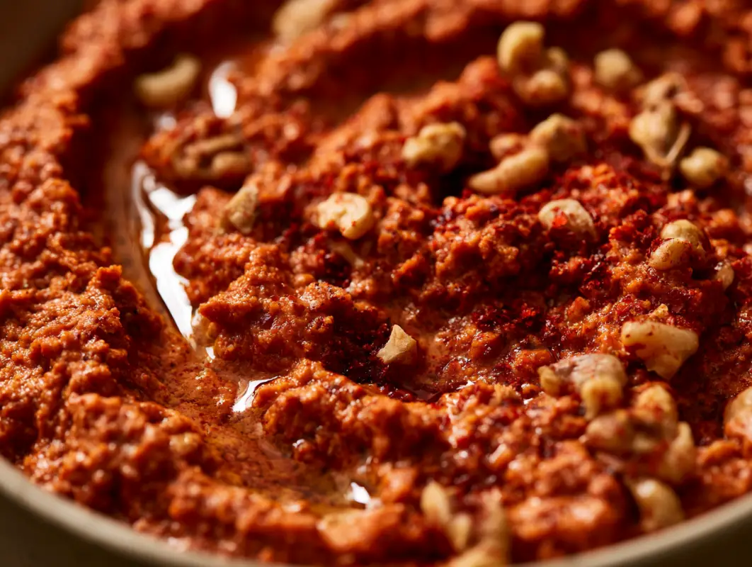 Close-up of muhammara dip with walnut pieces, olive oil and a swirl of red pepper paste