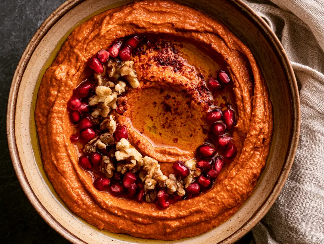 Bowl of muhammara topped with walnuts, pomegranate seeds and a drizzle of olive oil